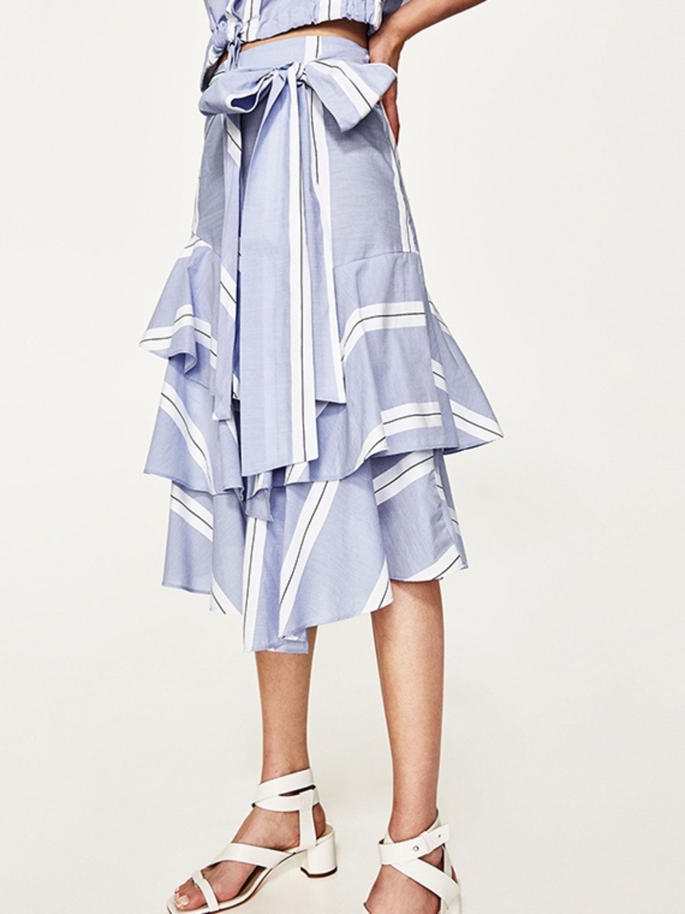Zara Light Blue and White Striped High-Low Tiered Skirt with Waist Bow